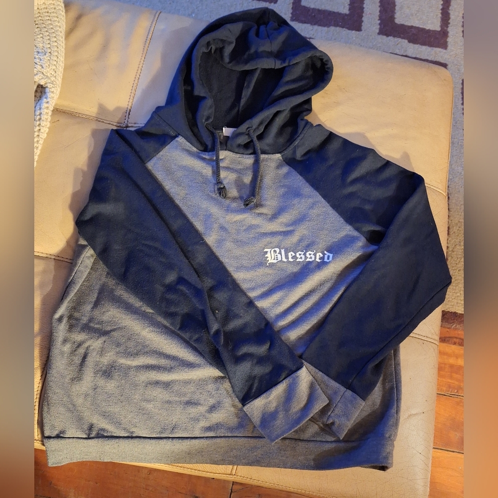Marci Navy Blue & Grey BLESSED Hoodie. Size: Medium